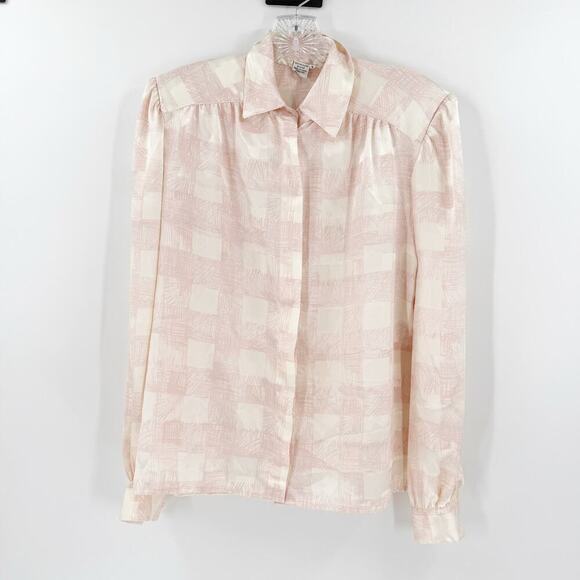 Vintage Lloyd Williams Pink & Cream Satin Button Front Career Blouse Size 4 FLAW - Picture 1 of 15
